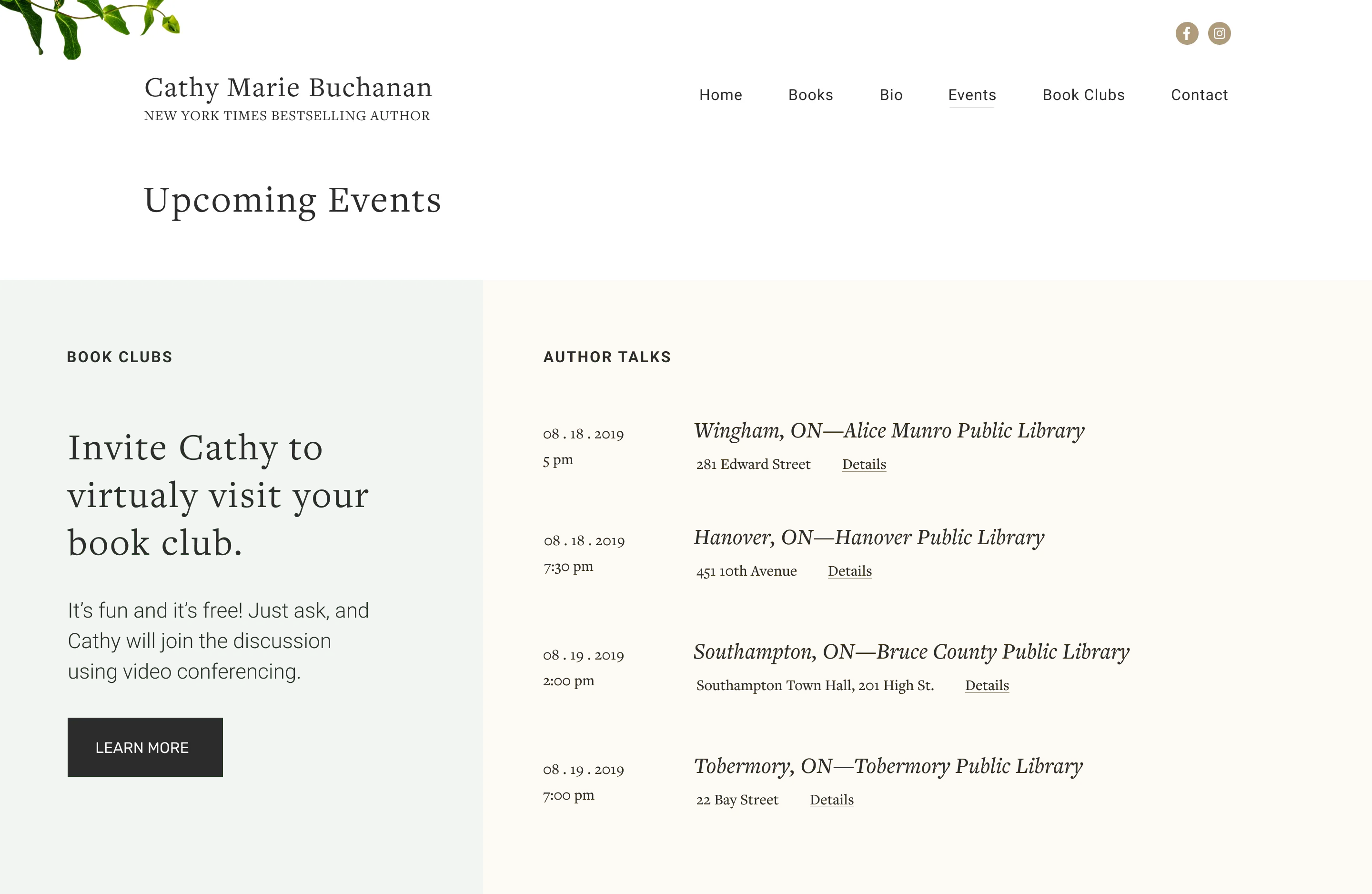 cathy marie buchanan website events page